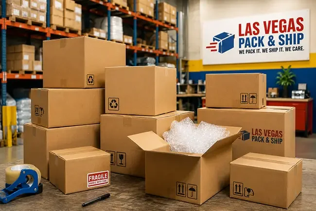 Stacked recycled cardboard shipping boxes