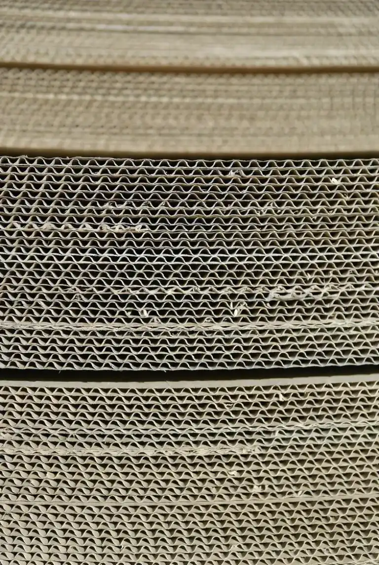 Stacked sheets of corrugated fiberboard showing the fluted medium