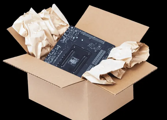 An open corrugated box with electronics packed for shipping