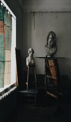 Marble bust sculptures staged in a restoration studio