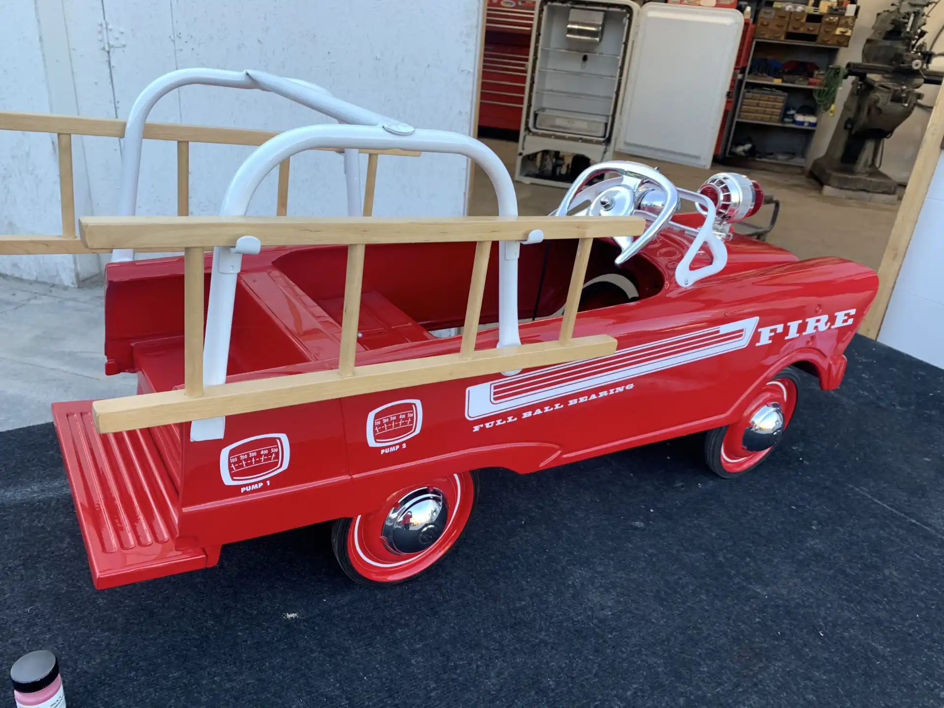 Restored vintage fire truck pedal car ready for shipping